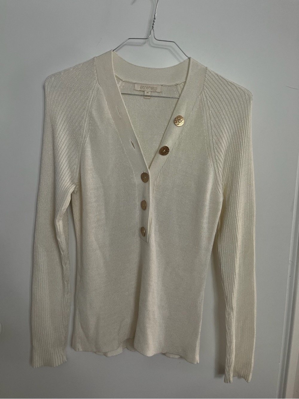 Etcetera Ivory V-Neck Button-Front Ribbed Sweater